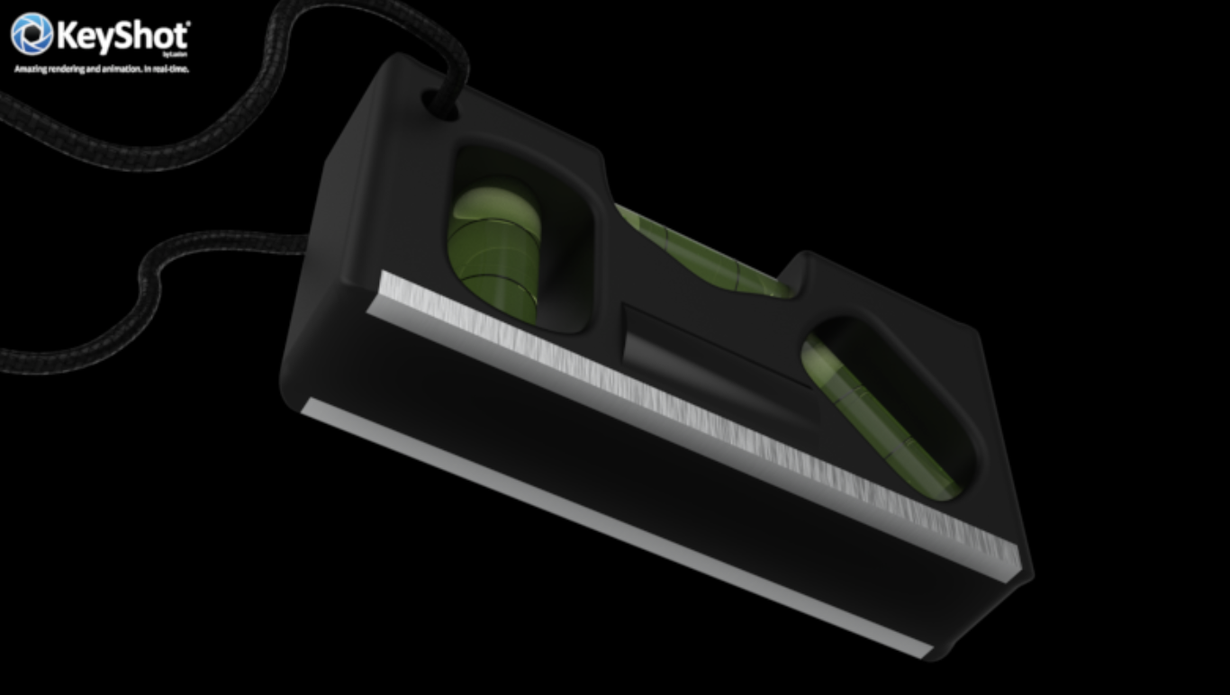 Image of a black leveling tool with a bubble level, connected to a black cord, set against a black background.