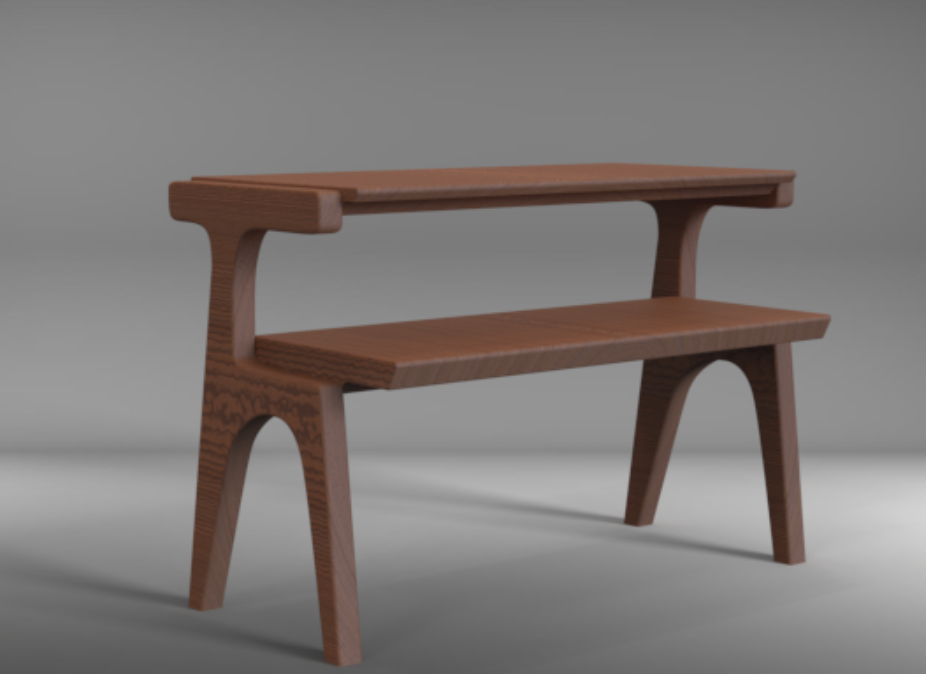 A wooden bench with a backless design, featuring two angled legs on each side, set against a grey background.