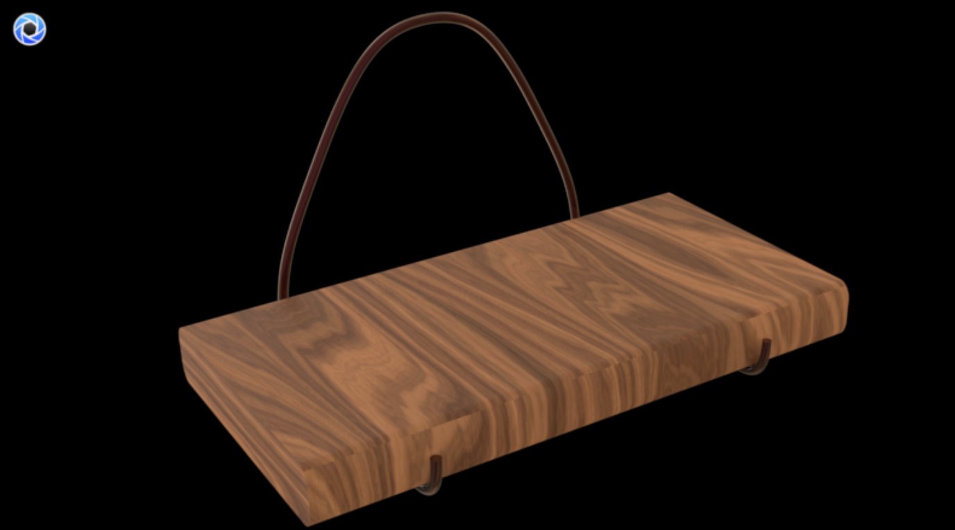 A wooden swing with a brown leather strap against a black background.