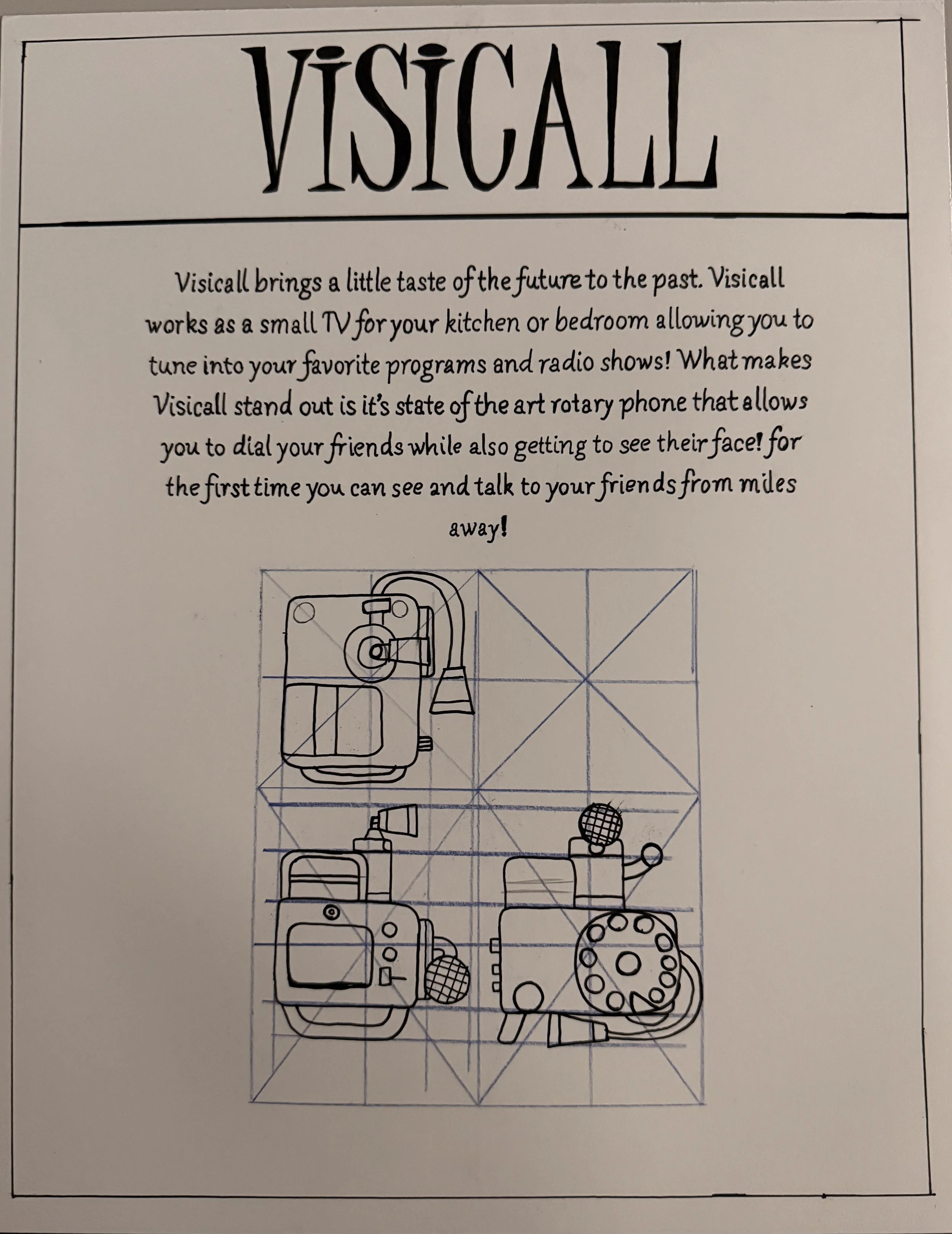 An instruction sheet describing Visicall, a rotary phone device that acts as a small TV with a touchscreen for video calls, showing technical drawings of the device.