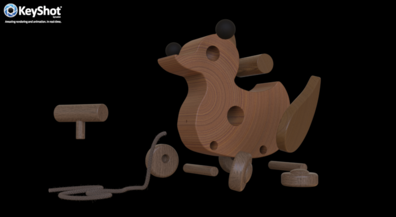 Disassembled wooden toy resembling a bird with black plastic eyes, surrounded by loose wooden parts and a string, against a black background.