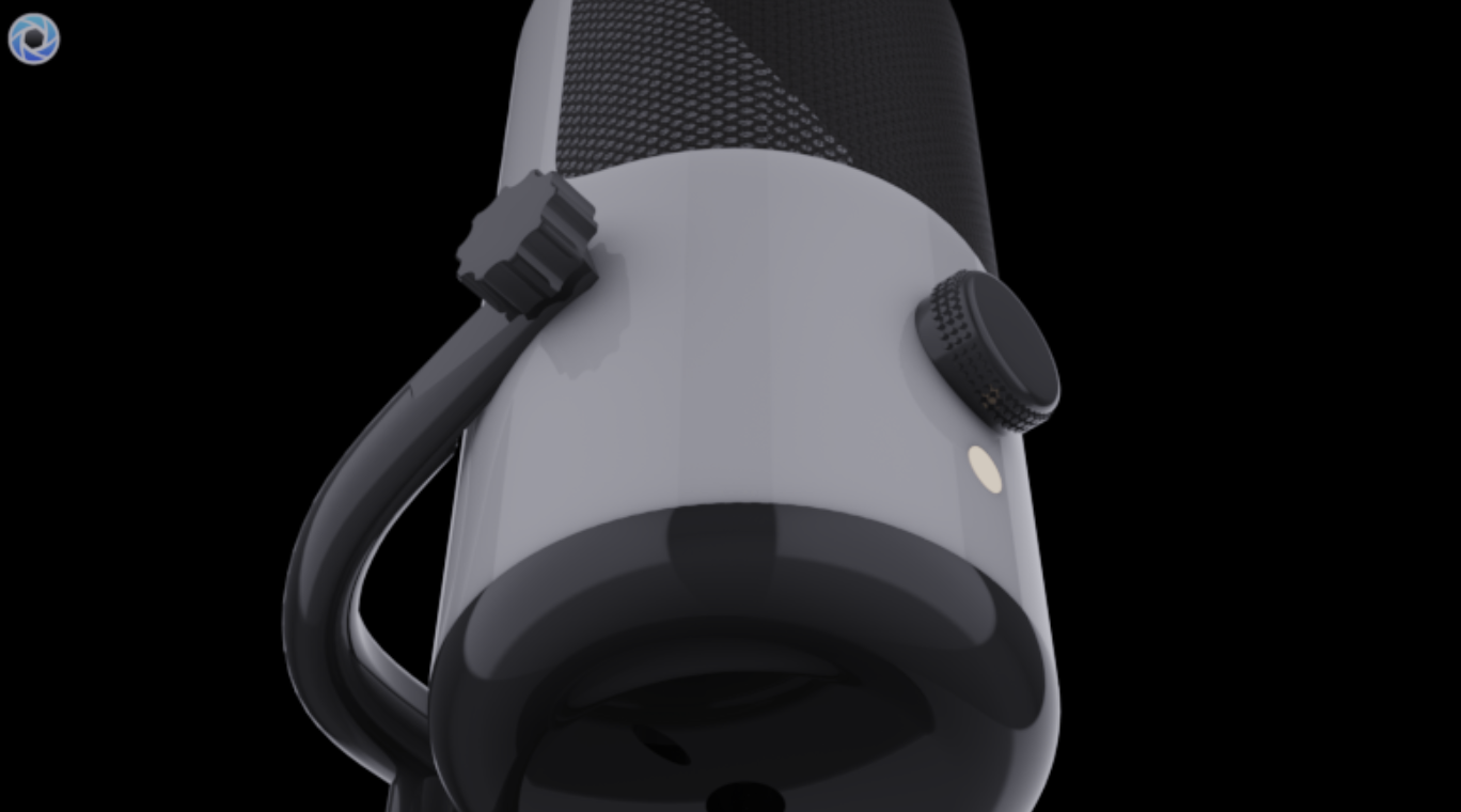Close-up of a modern, black and gray microphone with textured adjustment knobs on a black background.