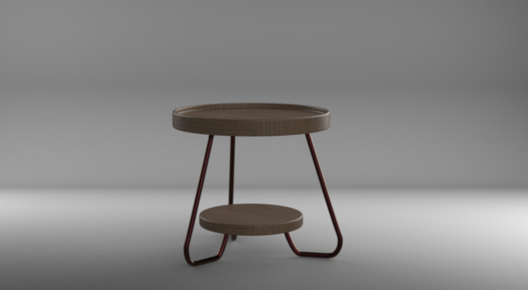A small round wooden side table with a lower shelf, supported by red metal legs, set against a plain gray background.