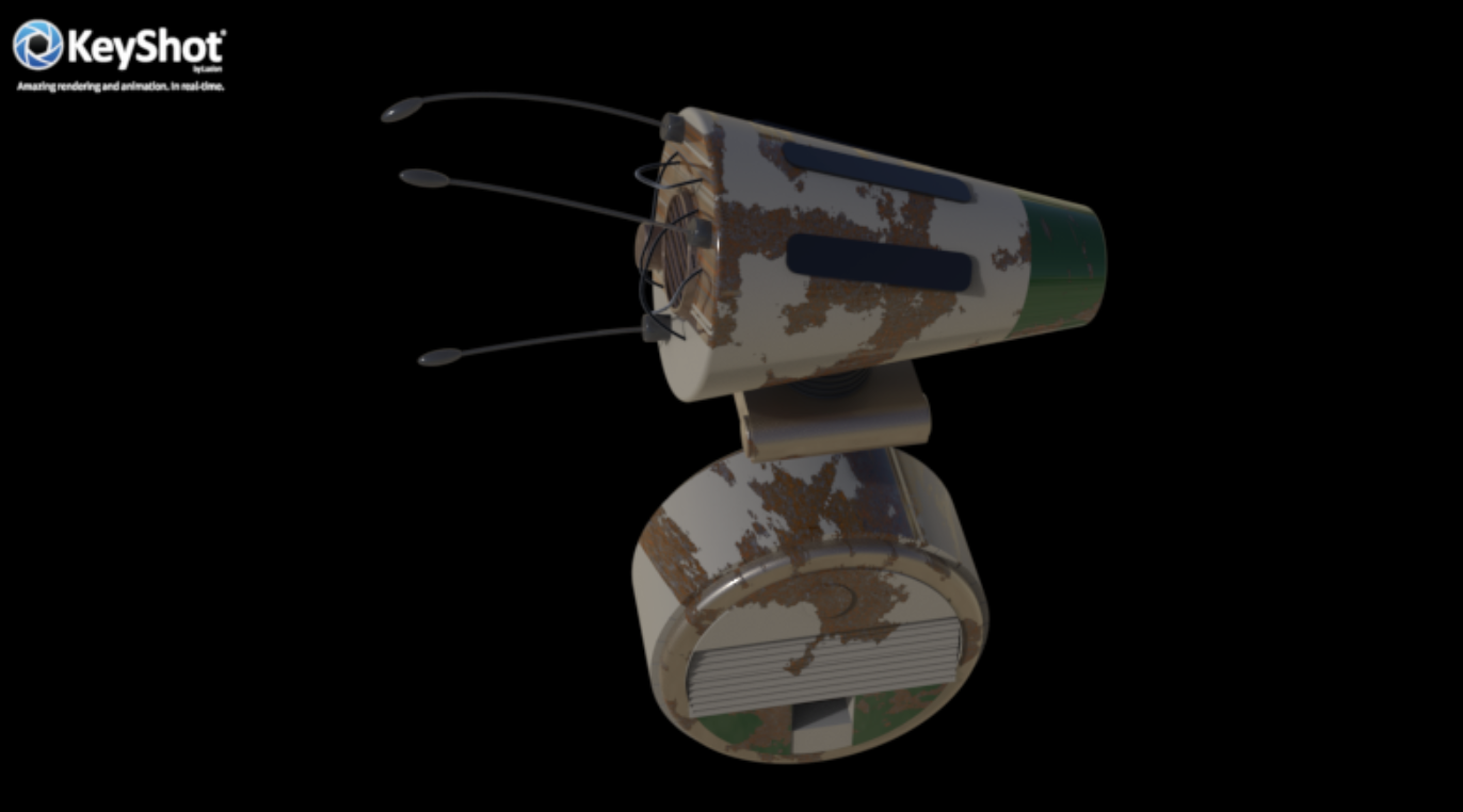 A digital rendering of a satellite with a cylindrical body and solar panels, showing signs of rust and wear, against a black background.