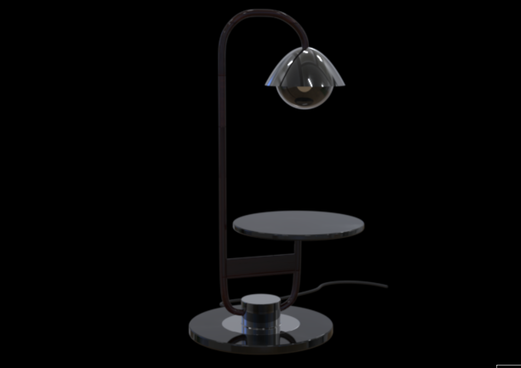 Modern black desk lamp with a metallic shade and a round base, on a black background.