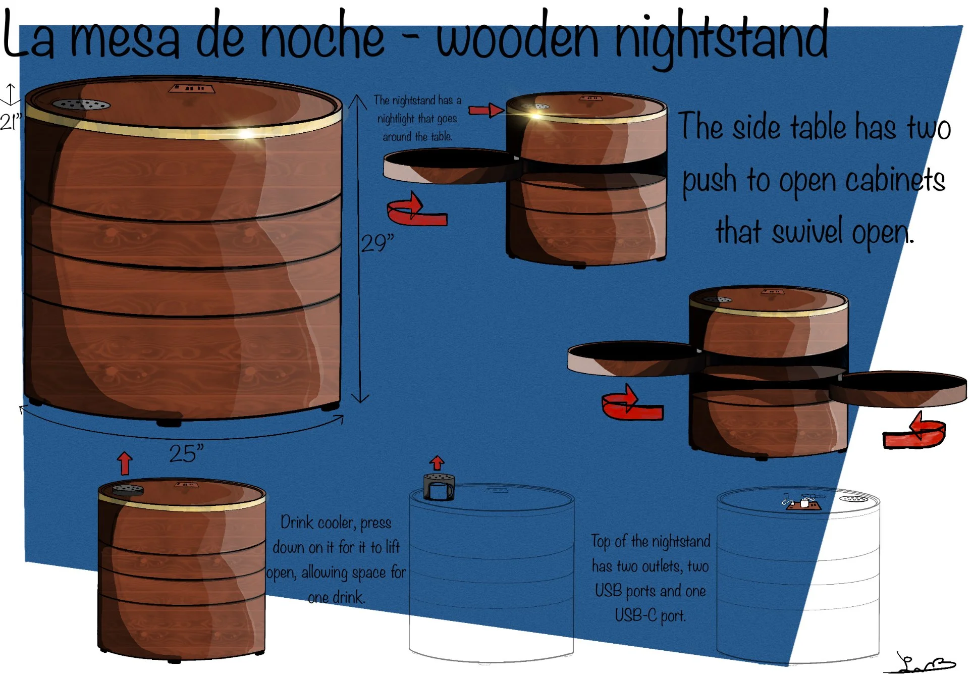Diagram of a wooden nightstand with multiple compartments that open with push to open mechanisms. The nightstand has a built-in light around the top surface, two outlets, two USB ports, and one USB-C port. It also features a drink cooler with a lift-