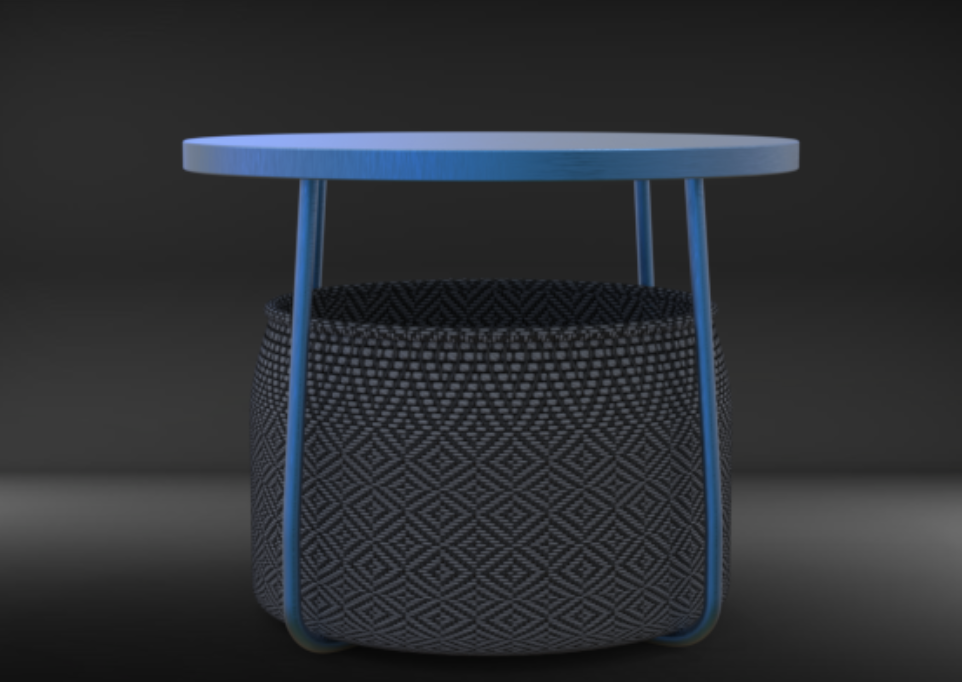A piece of furniture with a round, light-colored wooden top, three slim blue metal legs, and a black fabric storage basket or ottoman with a geometric pattern underneath.