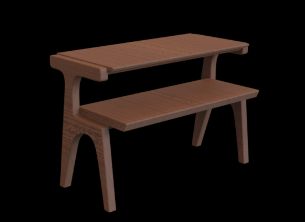 Wooden two-tier bench with a dark background