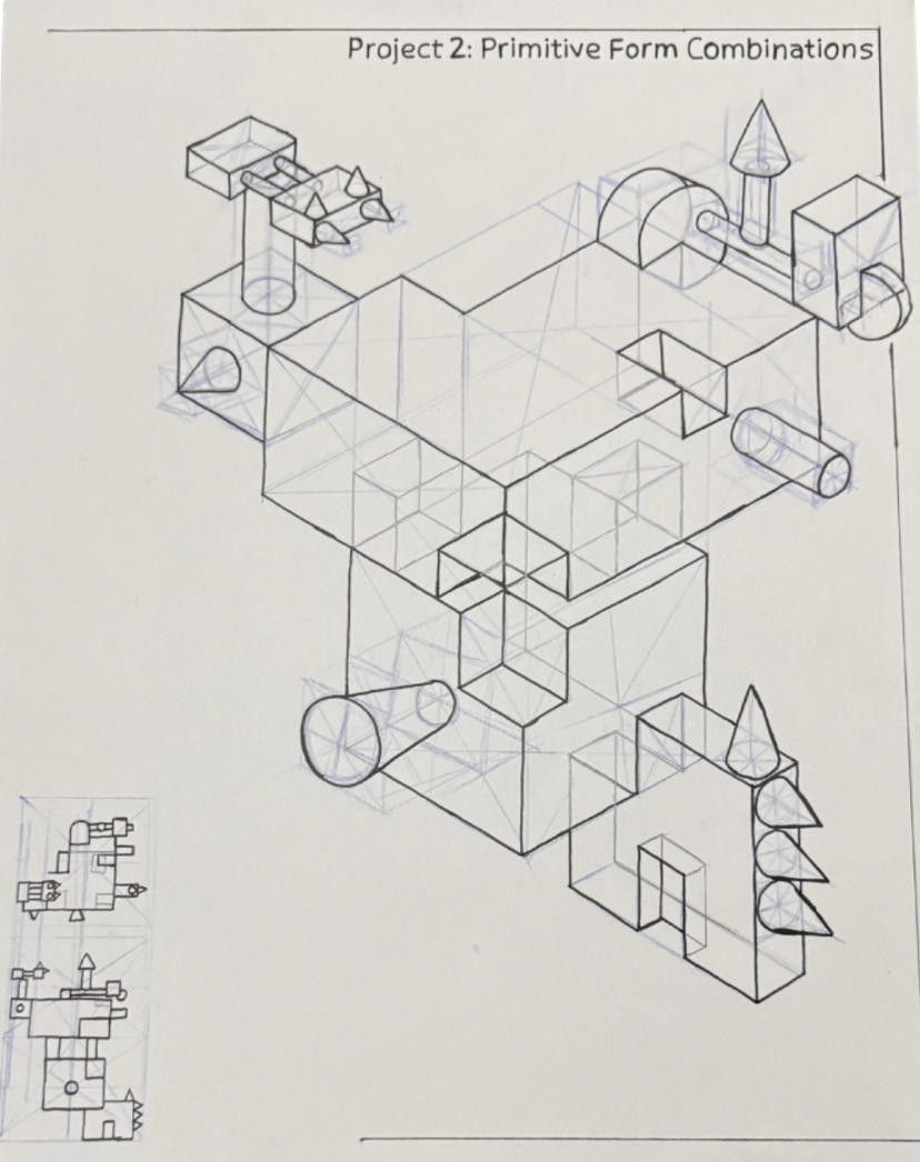Sketch of geometric primitive forms and their combinations, labeled "Project 2: Primitive Form Combinations," includes cubes, cylinders, cones, and pyramids connected by lines.