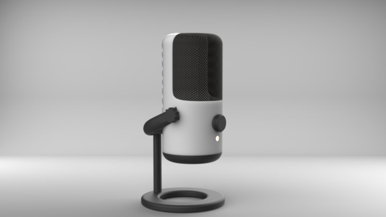 A modern, black and white, desktop microphone with a stand against a plain gray background.