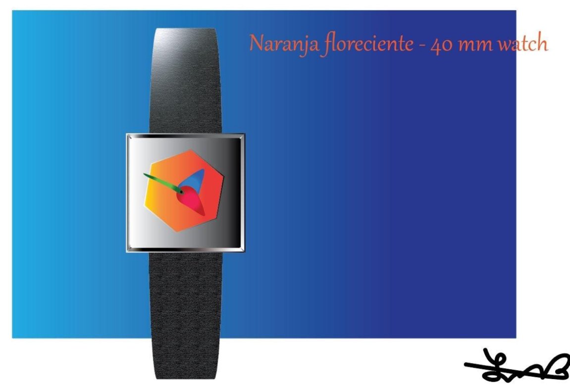 Black wristwatch with a square watch face displaying a colorful abstract design, set against a blue background with red text in Spanish that says "Naranja floreciente - 40 mm watch".
