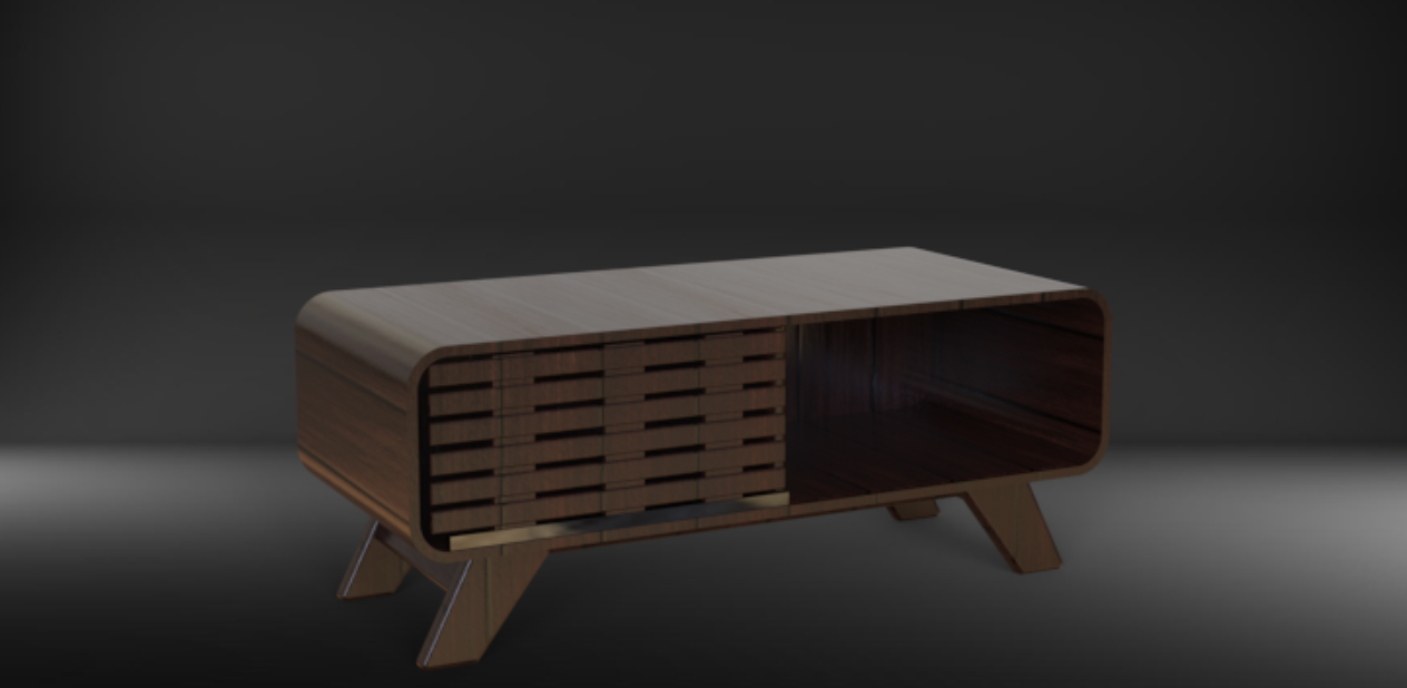 A modern wooden TV stand or media console with a rounded rectangular shape, open storage space on the right, and horizontal slats on the left side.