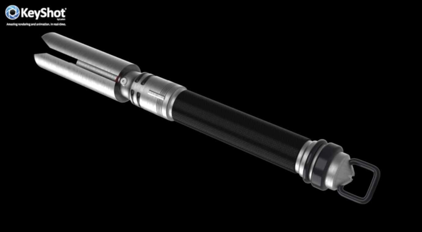 A lightsaber with a black handle and silver and metallic components, featuring a blade emitter at the tip, set against a black background.