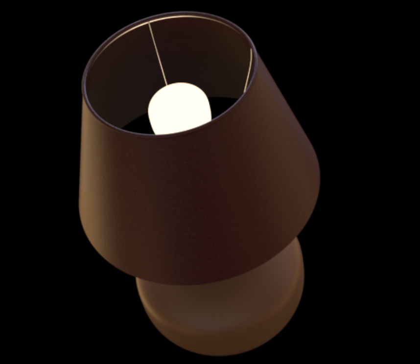 Close-up of a modern table lamp with a brown shade and a white bulb, viewed from above against a black background.