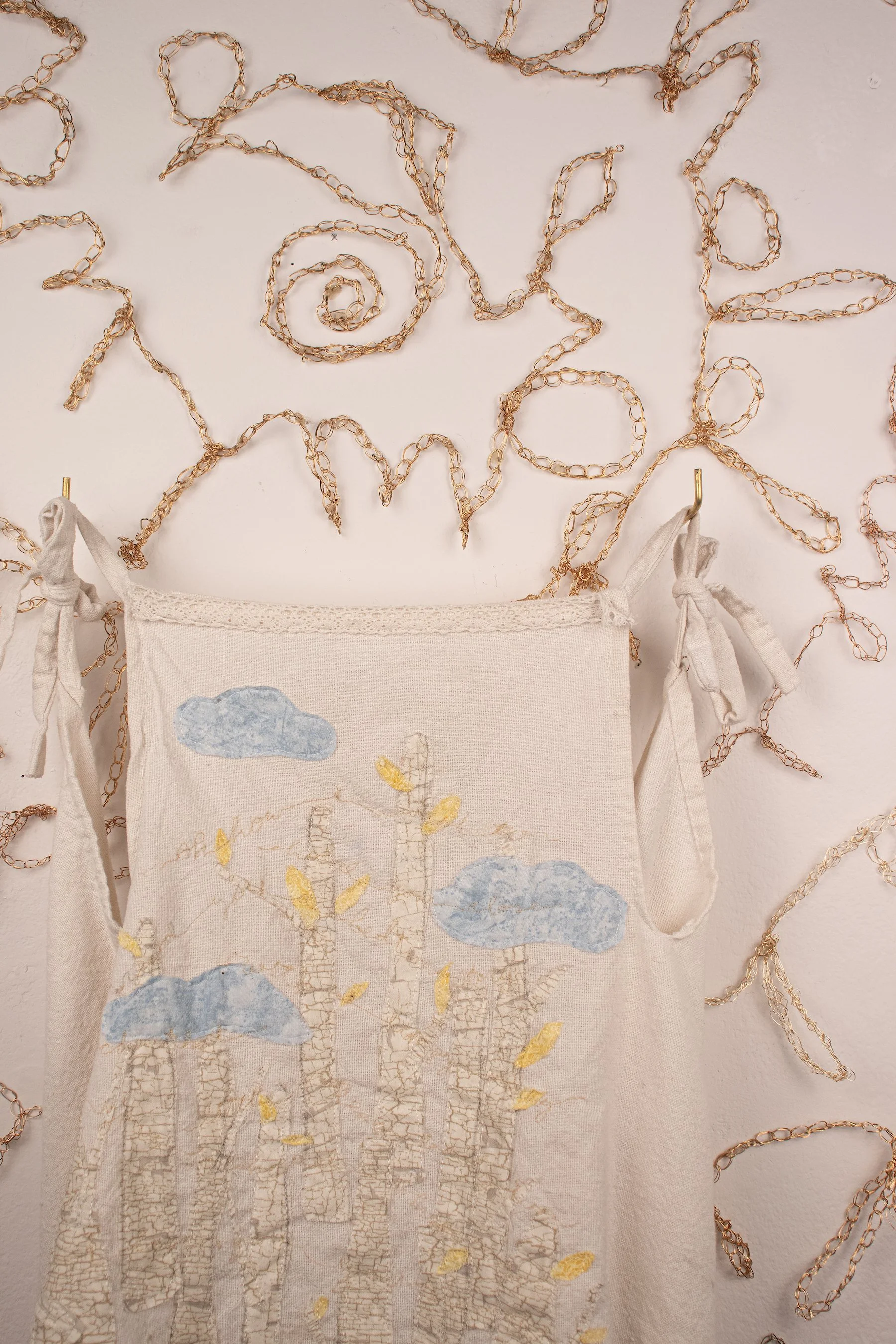 “Not Yet. Not Yet” (detail)
2025
Linen, appliquéd scrap fabric, various crocheted metal wires 