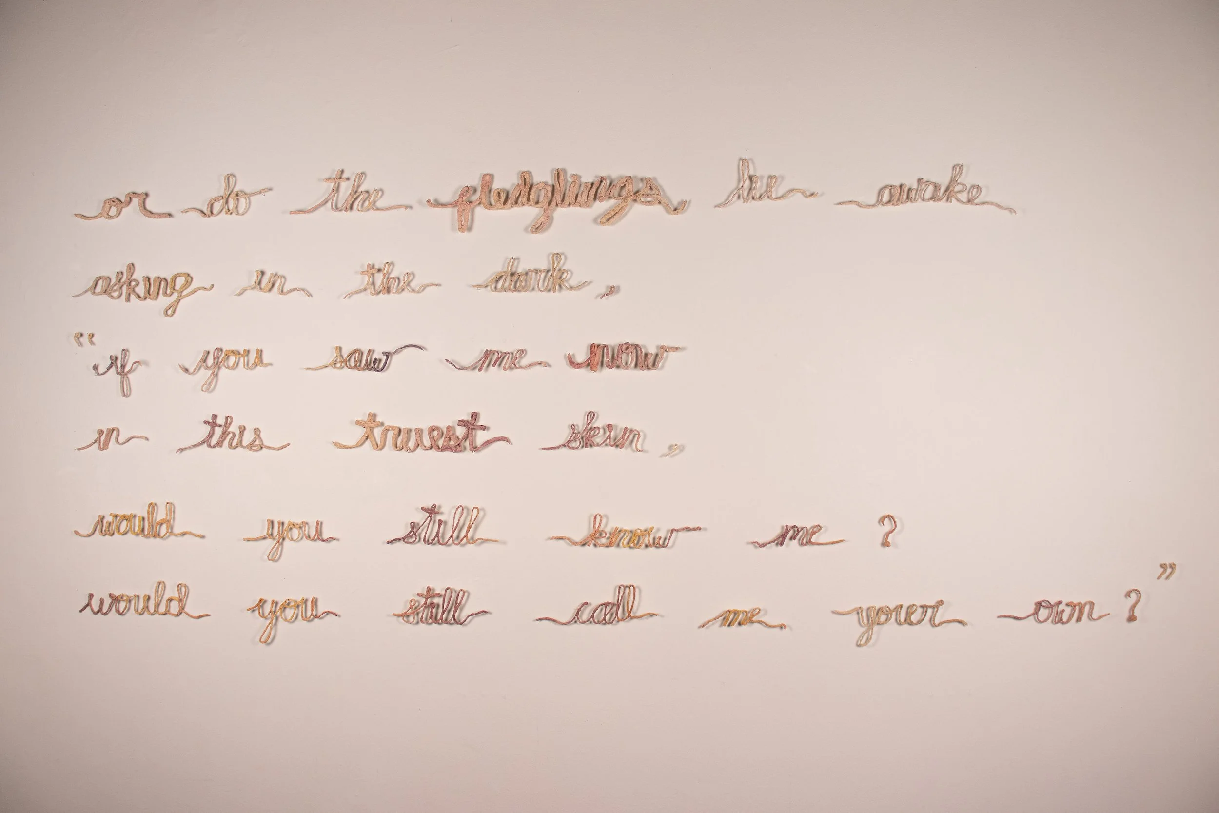 "Molting" (poem - right) 
2025
Slip-cast crocheted yarn, water color paint
97” x 37”