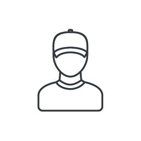 Line drawing of a person wearing a face mask and a hat.