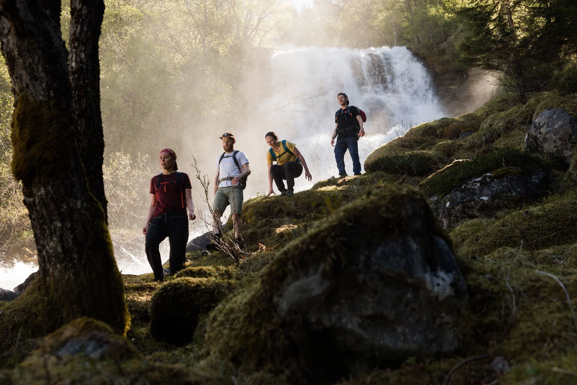 Group of five people hiking along a mossy trail beside a waterfall in a forest.