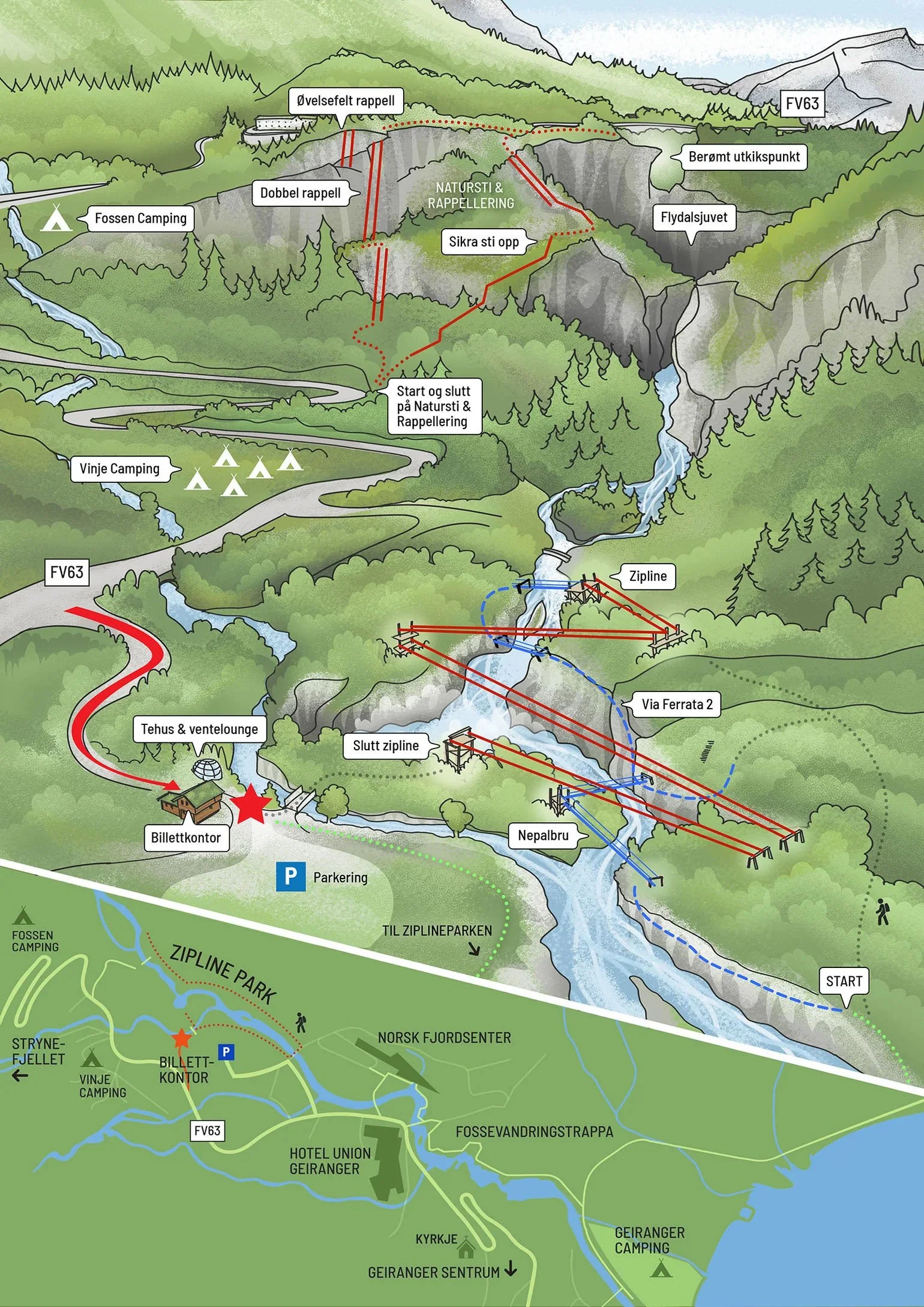 Map of a mountain area with hiking trails, zipline, camping sites, and a river, including labels for key spots like Fossen Camping, Vinje Camping, and the start and end points of activities.