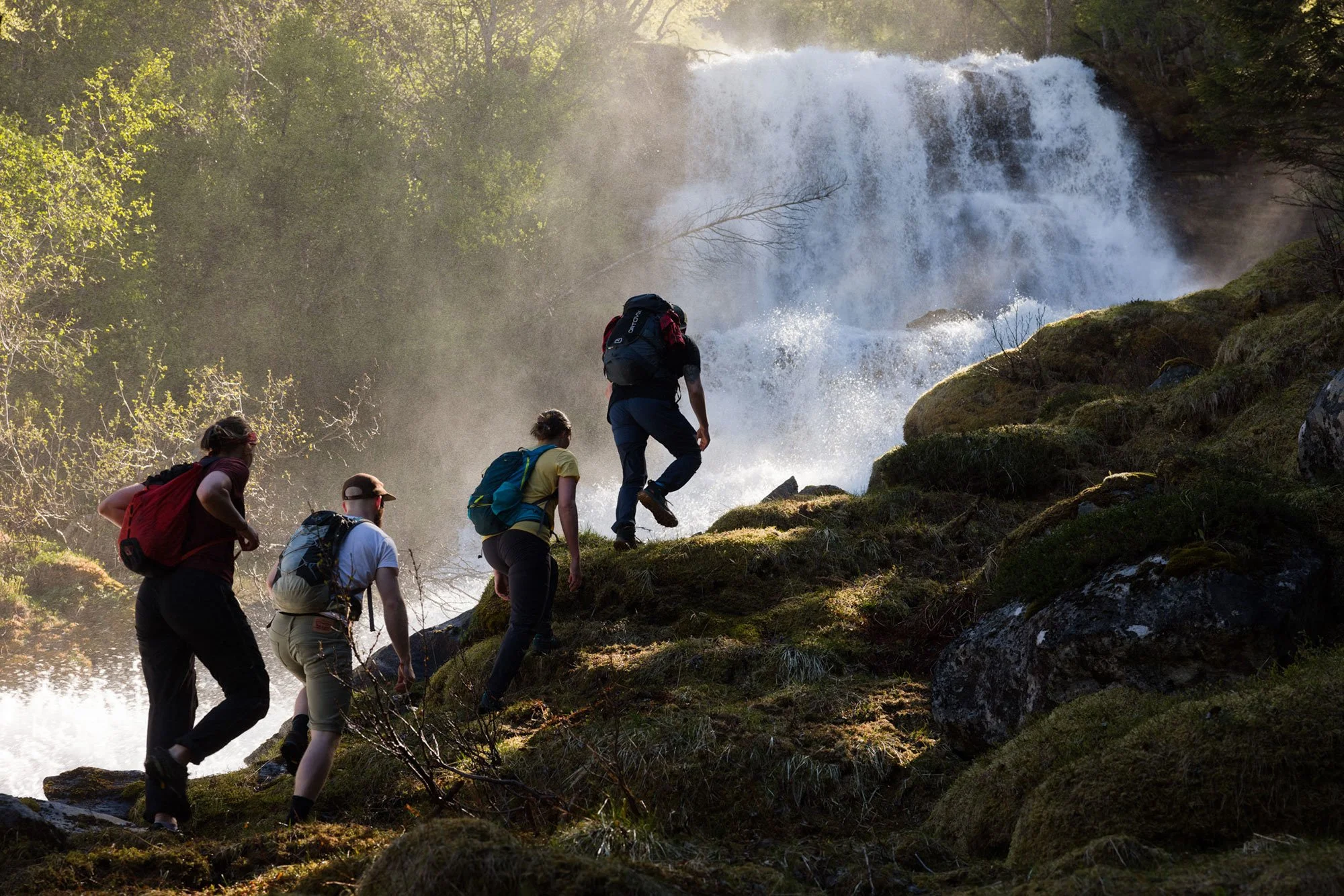 Four hikers climbing over rocks towards a waterfall in a forested area.