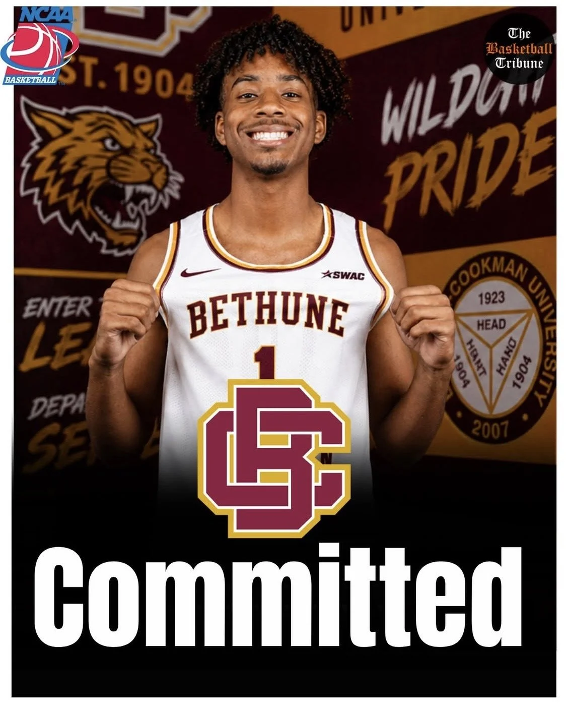 A young man in a white basketball jersey with 'BETHUNE' and the number 1, smiling with fists raised, standing in front of a background with sports logos and the words 'WIDLON PRIDE' and 'committed'.