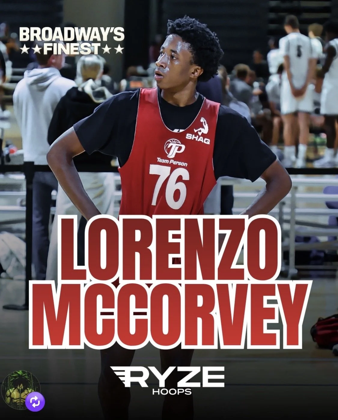 A young male athlete with curly hair wearing a red basketball jersey with the number 76, standing with his hands on his hips in a gym or sports arena, with other players and spectators in the background. The text on the image reads "Broadway's Finest," "Lorenzo McCorvey," and "Ryze Hoops."