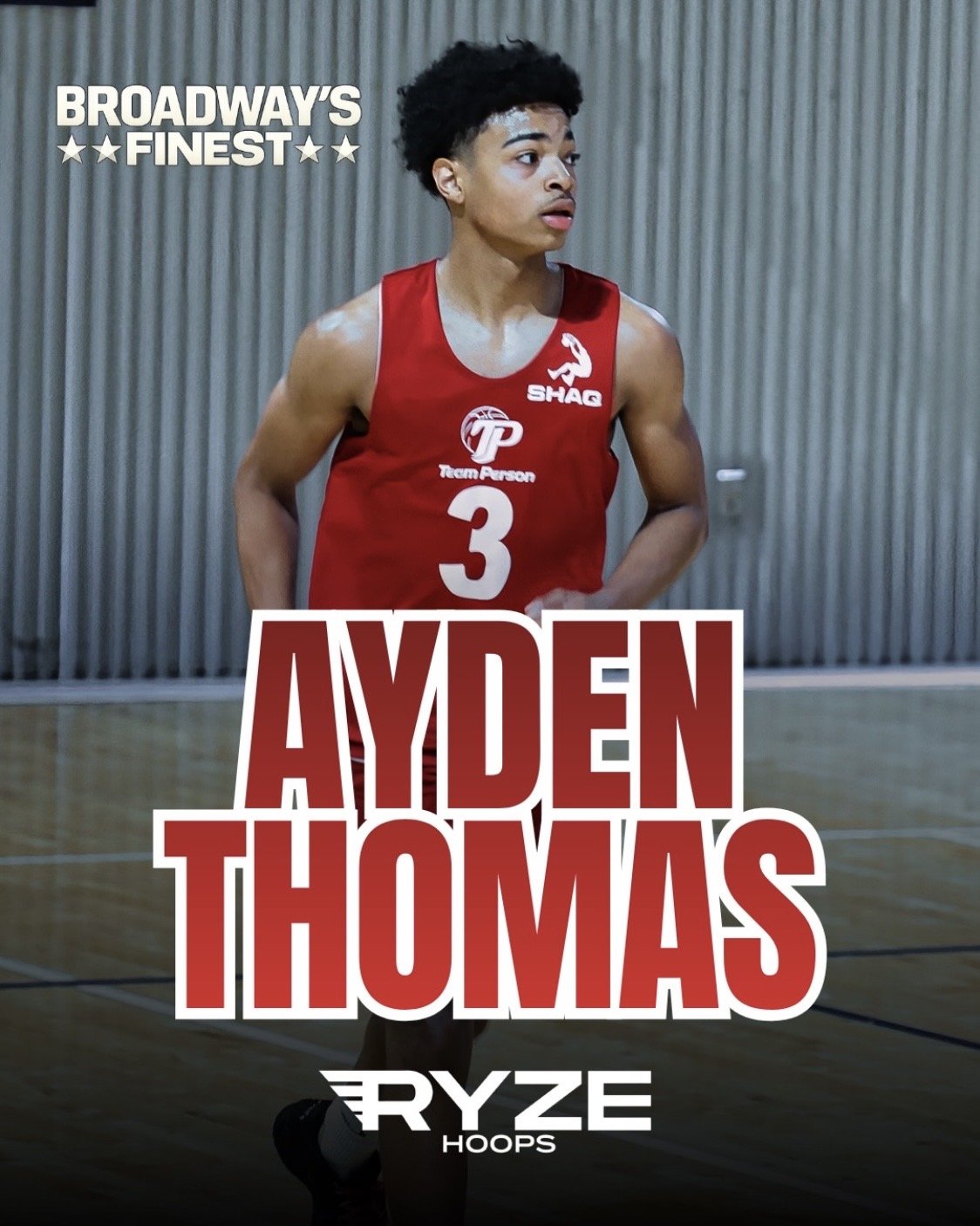 A young male basketball player in a red jersey number 3 standing on a basketball court with a focused expression, with the text "Broadway's Finest" in the top left corner, and "Aydsen Thomas" in large bold letters and "Ryze Hoops" at the bottom.