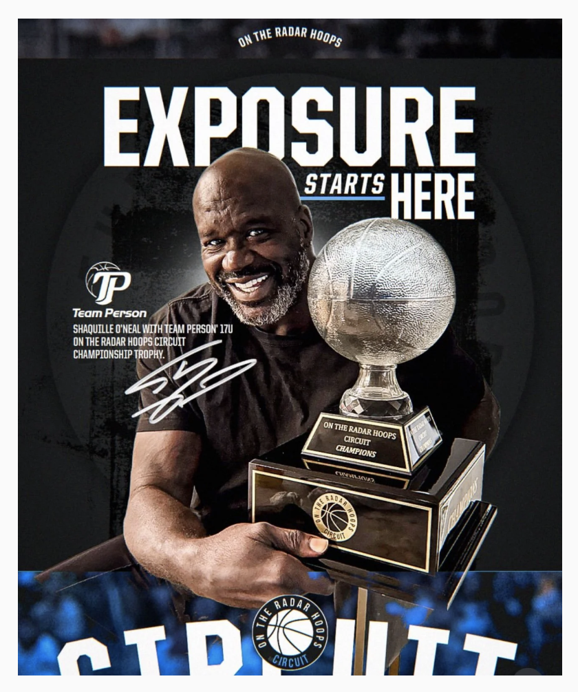 Shaq holding a trophy with a basketball on top, smirking, with the words 'Exposure Starts Here' and basketball-themed graphics in the background.