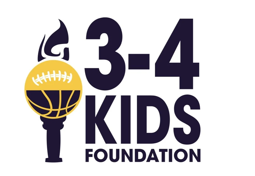 Logo for 3-4 Kids Foundation featuring a microphone with a yellow basketball and football design, and the text '3-4 Kids Foundation' in bold letters.