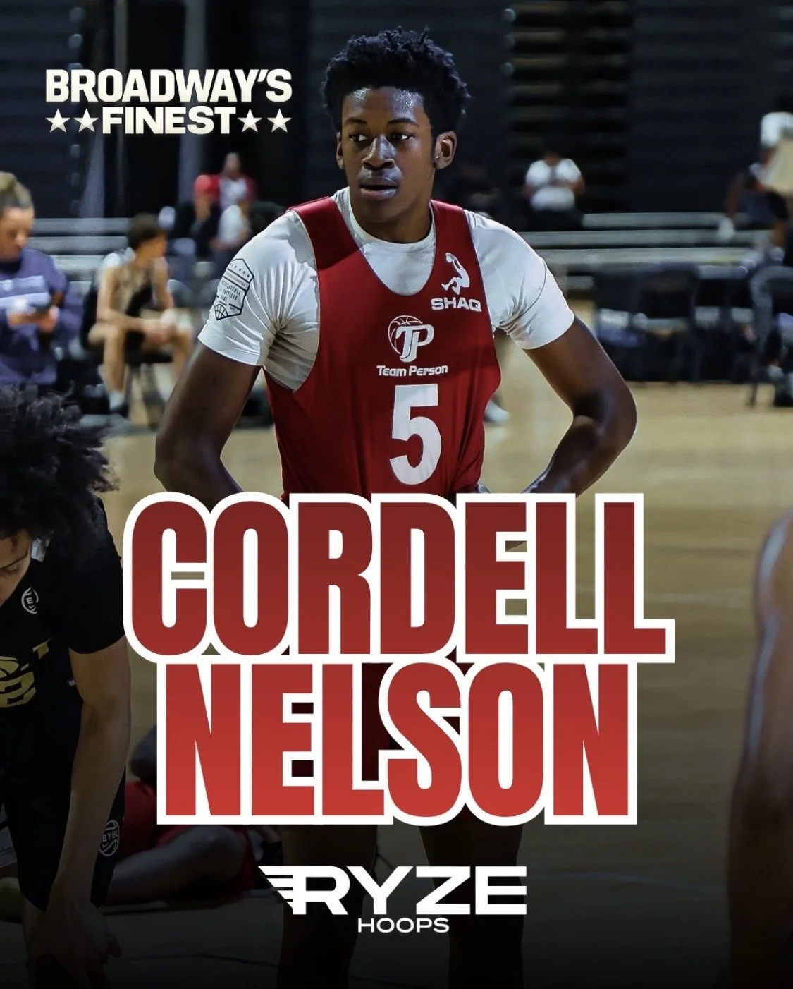 A young male basketball player in a red and white jersey with the number 5, indoors, with spectators in the background. Text overlay says 'Broadway's Finest,' 'Cordell Nelson,' and 'Ryze Hoops.'