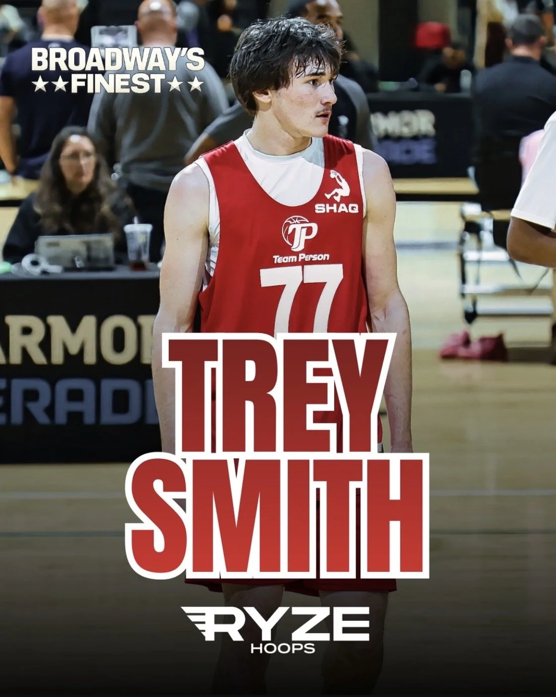 A basketball player wearing a red jersey with the number 77, standing on a basketball court, with text overlay that reads "Trey Smith" and sponsor logos, during a game or practice.