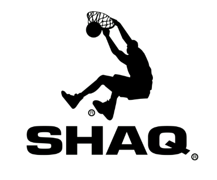 Silhouette of a person dunking a basketball into a hoop, with the word "SHAQ" below.