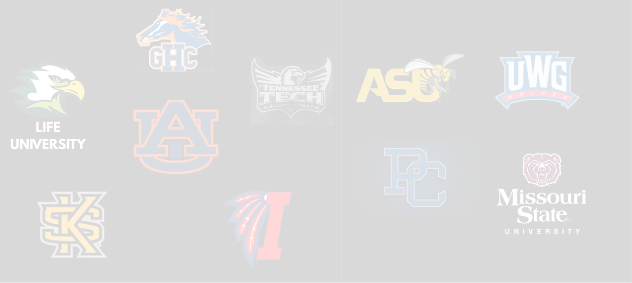 A collage of college and university logos against a black background, including Life University, Auburn University, Georgia Highlands, Tennessee Tech, Arizona State, Uwing Wolves, Missouri State, Southern Illinois, Indiana, and another Missouri State logo.