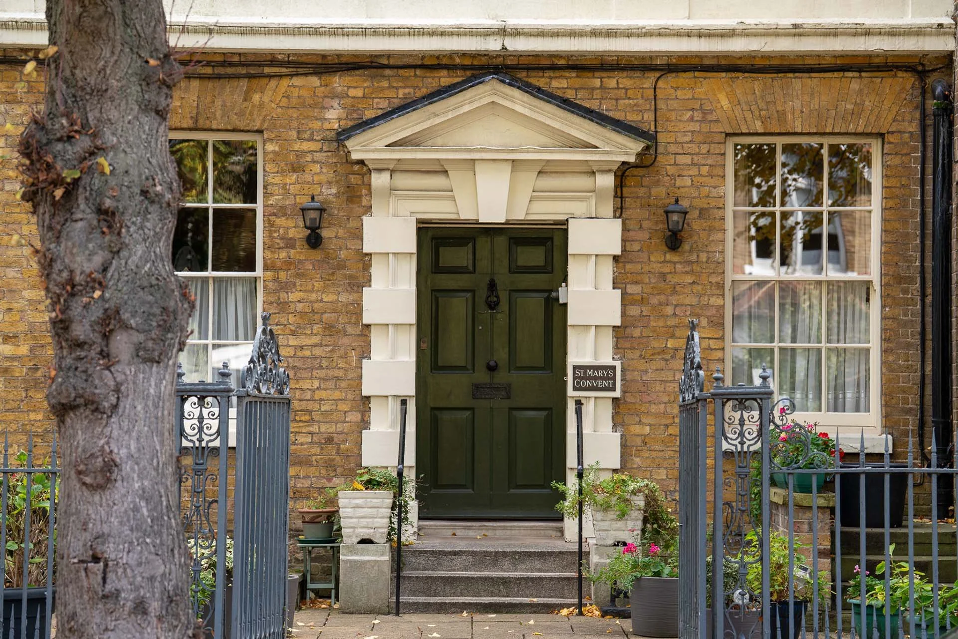 The entrance of a brick house with a green door, stone steps, and a small garden area with potted plants, enclosed by black wrought iron fences, and a tree trunk in the foreground.