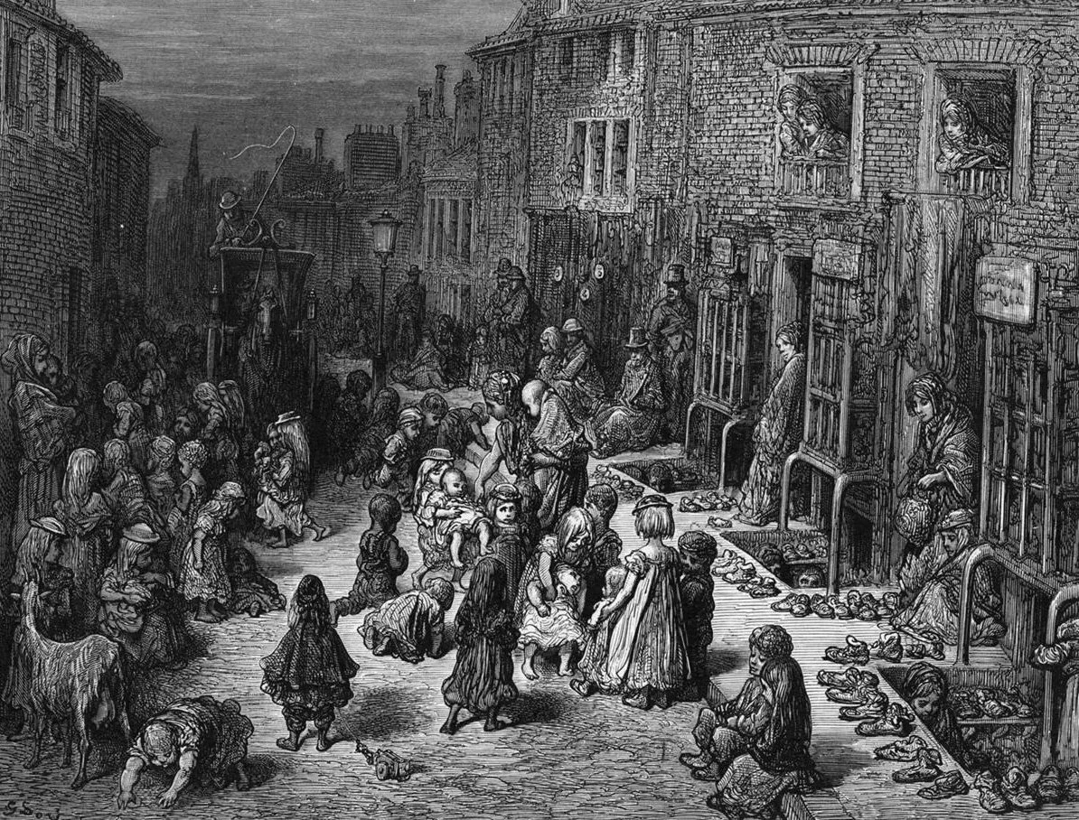 Historical black and white illustration of a street scene with children playing, people sitting and standing, and women looking out windows.