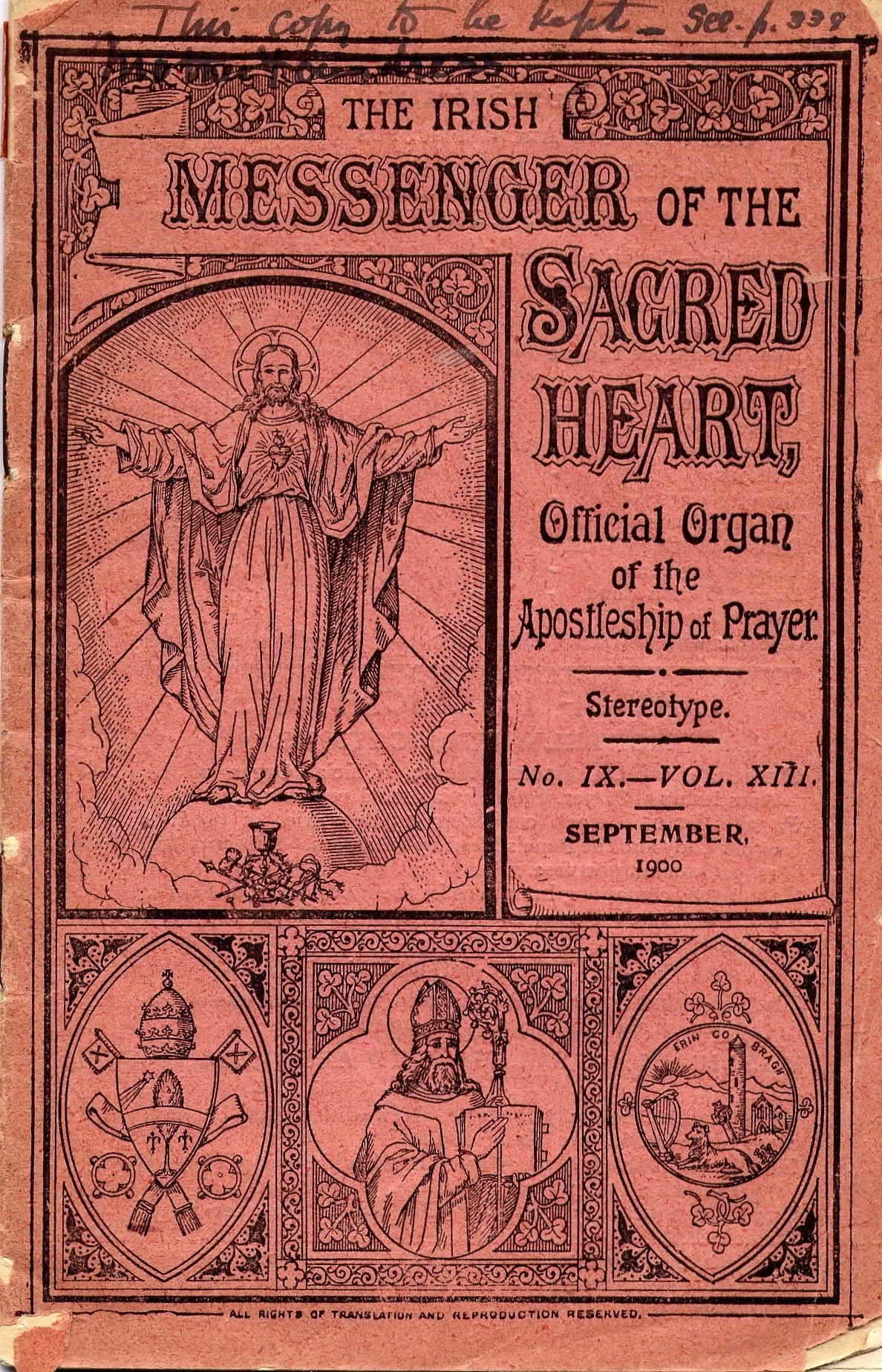 Cover page of a 1900 religious publication titled "The Irish Messenger of the Sacred Heart," featuring illustrations of Jesus Christ, a bishop or saint, and a building with the text "Erin Co. Bray."