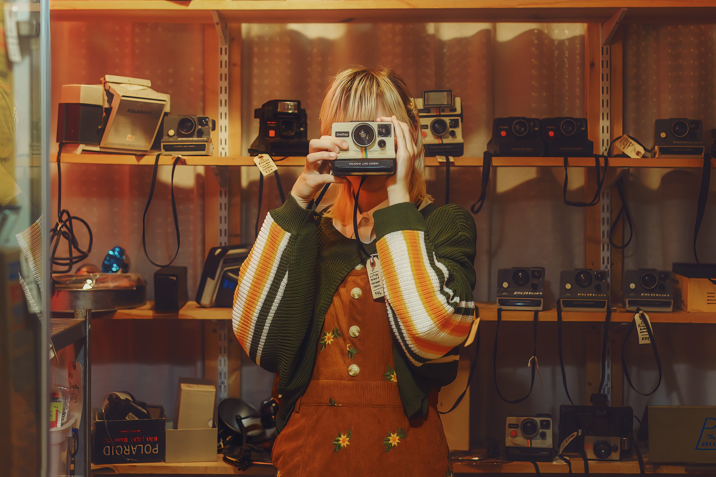 Charlotte NC senior portraits in a vintage camera store - senior girl with camera