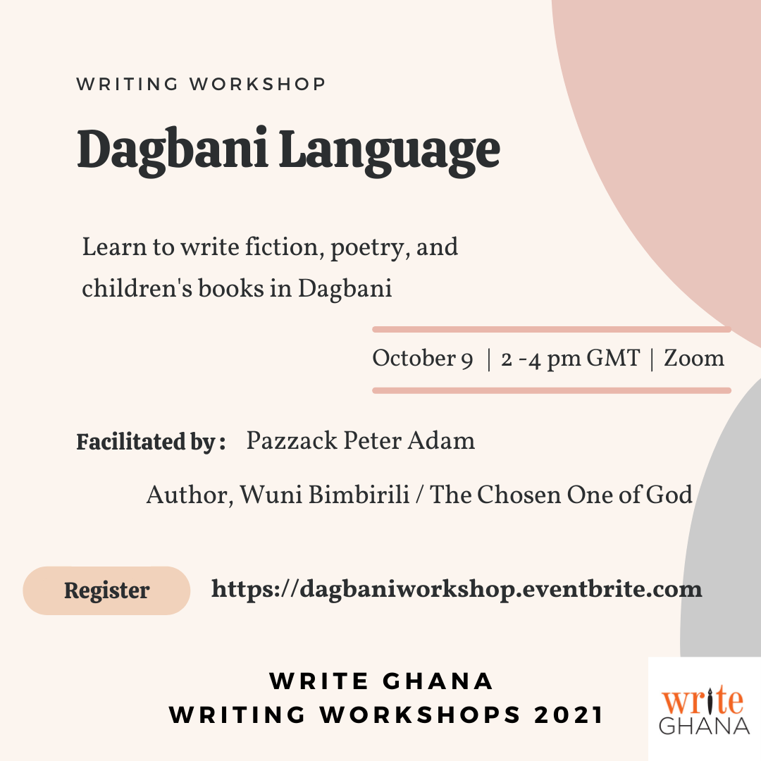 Poster for online Dagbani writing workshop