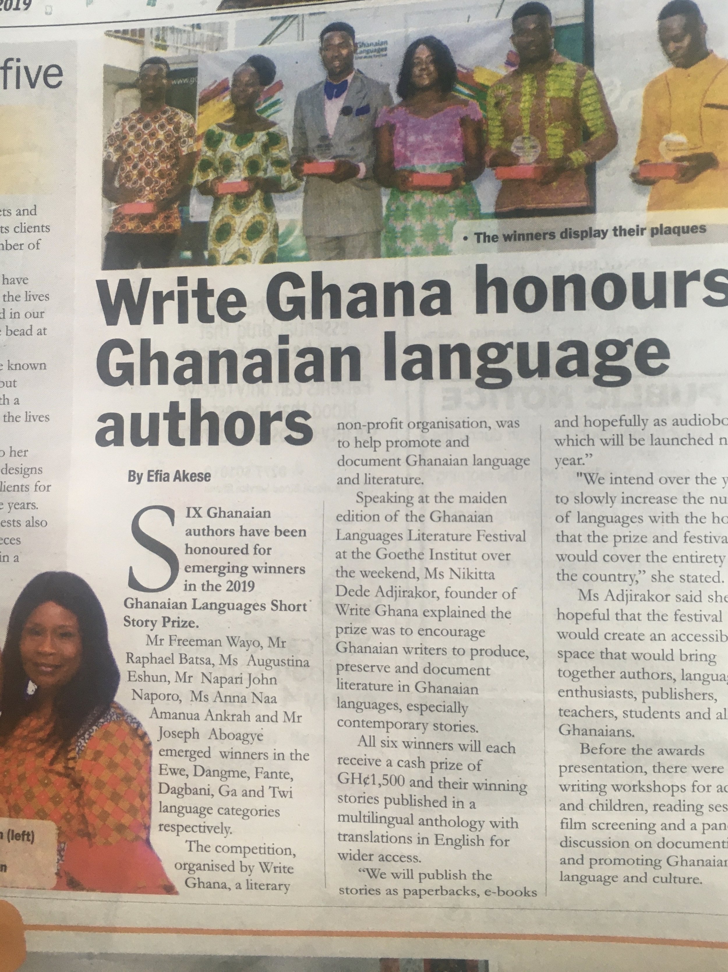 Newspaper feature of the winners of the Ghanaian Languages Short Story Prize