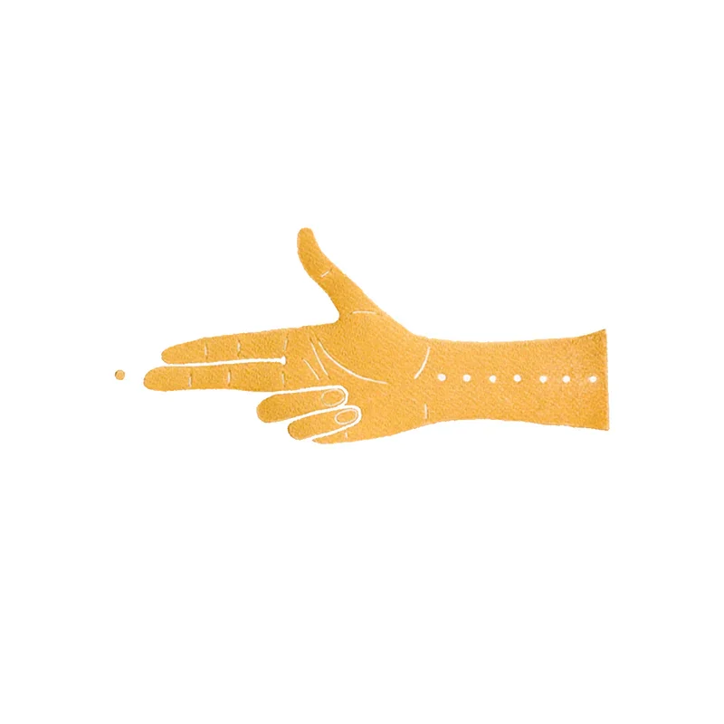 Eine comicartige Zeichnung einer Hand, die eine Pistole formt. Ein Druck von Kirstin Knorr.