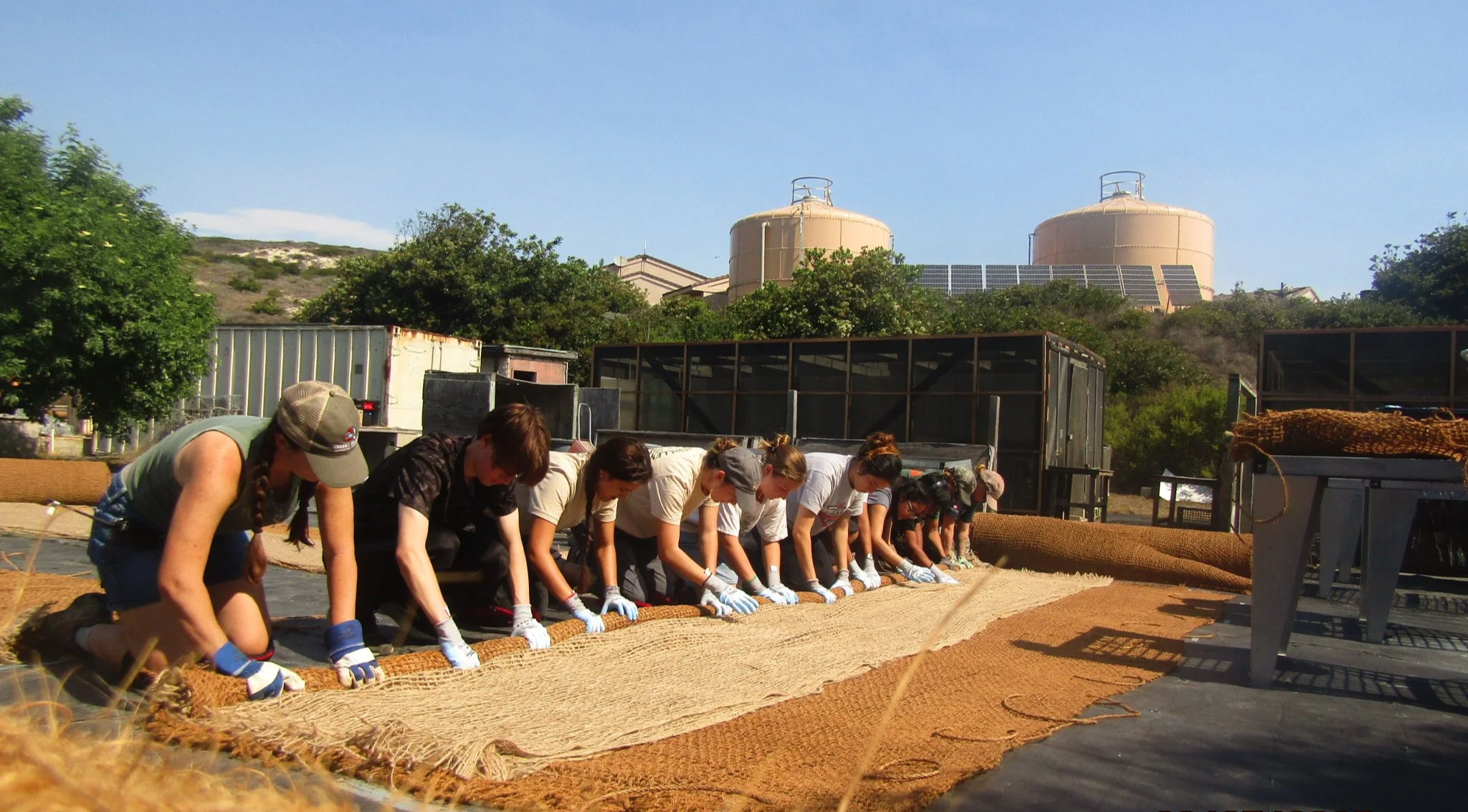 People wearing gloves kneeling on a large outdoor rug, working together on a project, with industrial tanks and solar panels on a hill in the background.