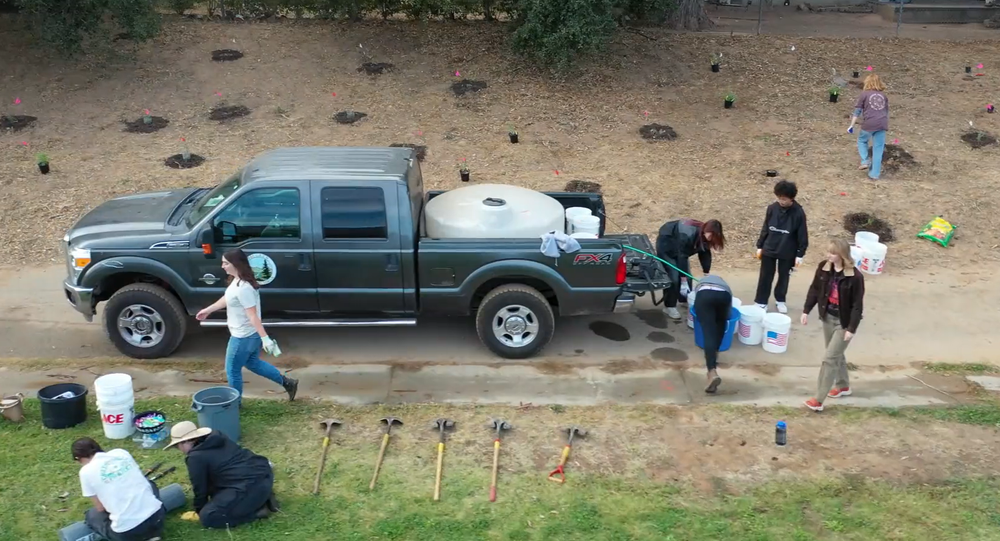 Overhead view of planting day at Nordhoff High School
