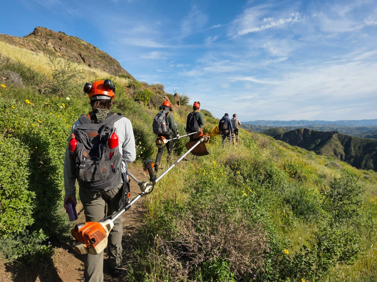 Group of people hiking along a grassy trail on a mountain with scenic view of hills and blue sky.