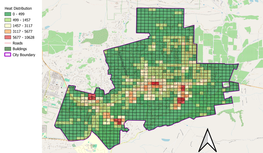 Map showing heat distribution in a city, with a color-coded legend indicating different temperature ranges, city boundary outlined in purple, roads in red, and buildings in green.