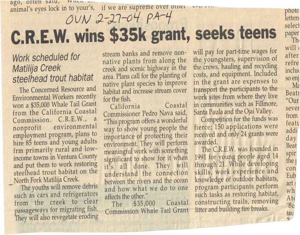 Ojai Valley News clipping, February 27, 2004, on the Whale Tail grant for North Fork Matilija Creek