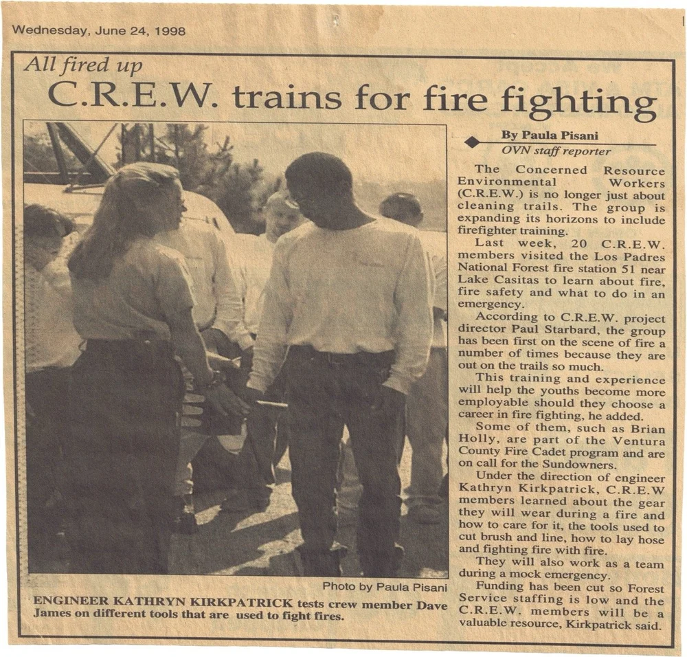 Ojai Valley News clipping, June 24, 1998: C.R.E.W. members in firefighter training at Los Padres National Forest fire station 51