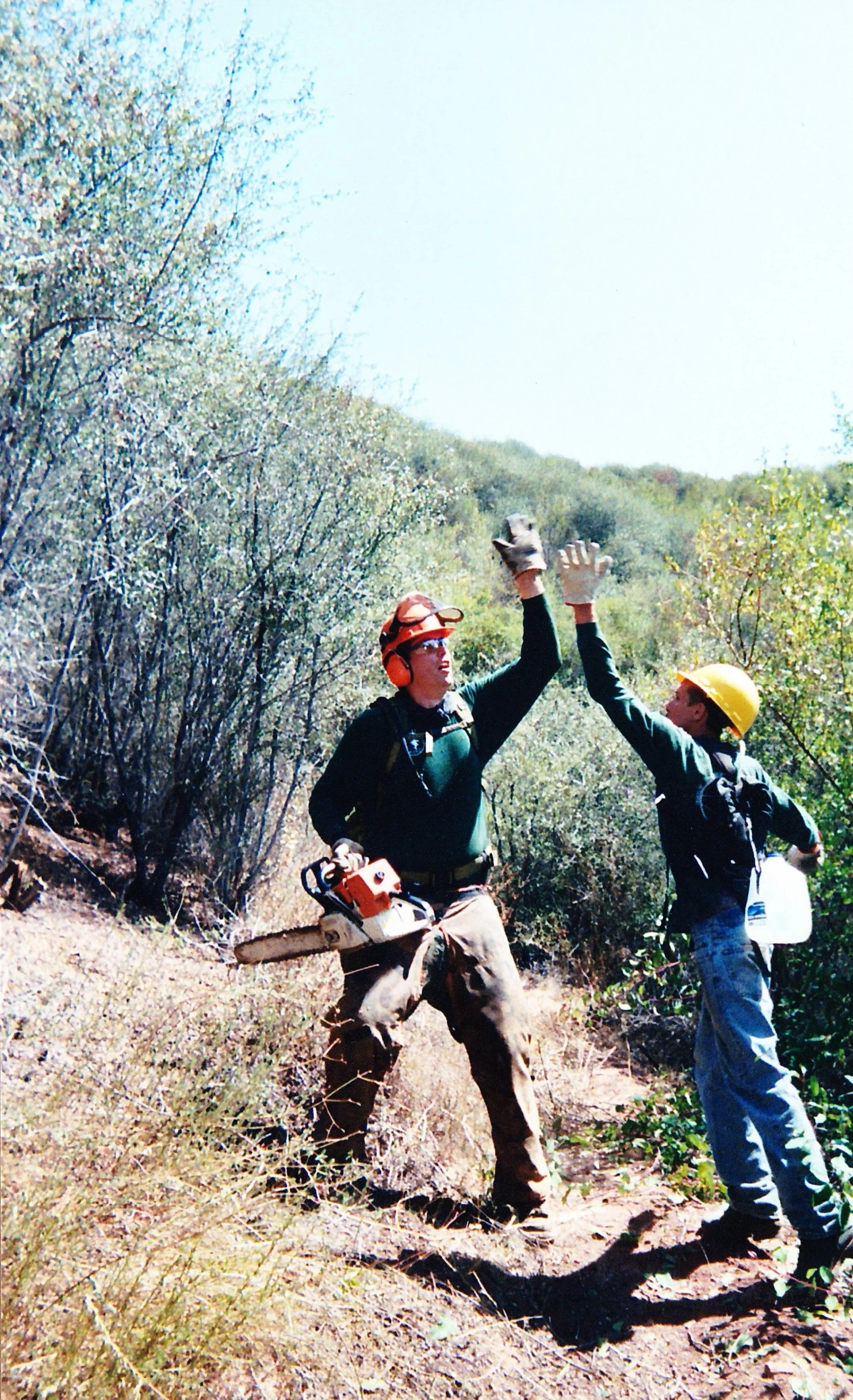 Two men high-five each other during a firefighting operation in a wooded area. One man is holding a chainsaw and wearing safety gear, while the other is reaching out in greeting. They are surrounded by dry bushes and shrubs with a hillside in the background.