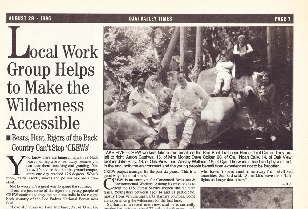 Ojai Valley Times clipping, August 29, 1996: five C.R.E.W. crew members taking a break on the Red Reef Trail near Horse Thief Camp