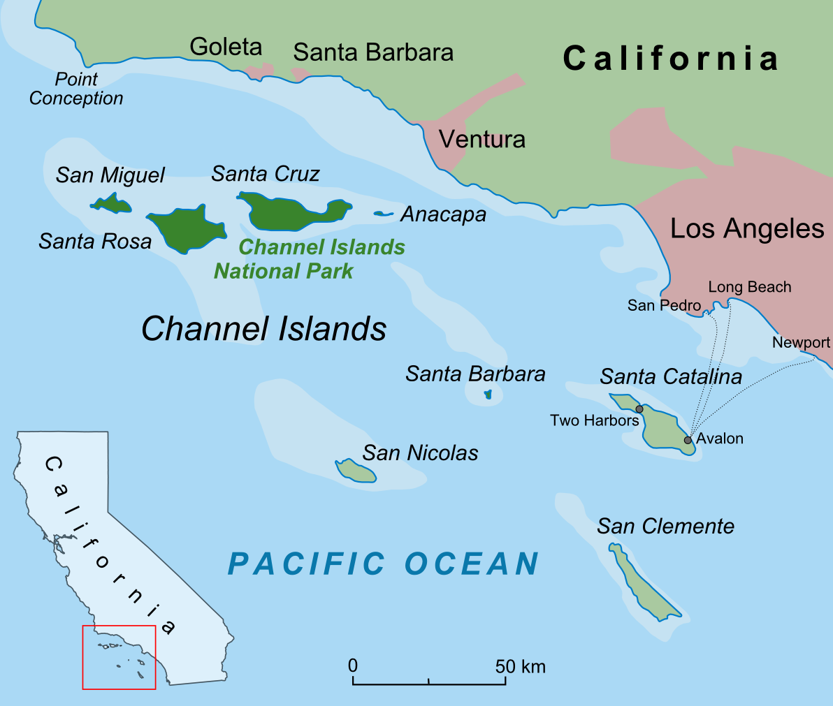 Map of Southern California and nearby Channel Islands, showing cities like Los Angeles, Santa Barbara, Santa Cruz, and Santa Rosa, with Channel Islands National Park and surrounding islands in the Pacific Ocean.