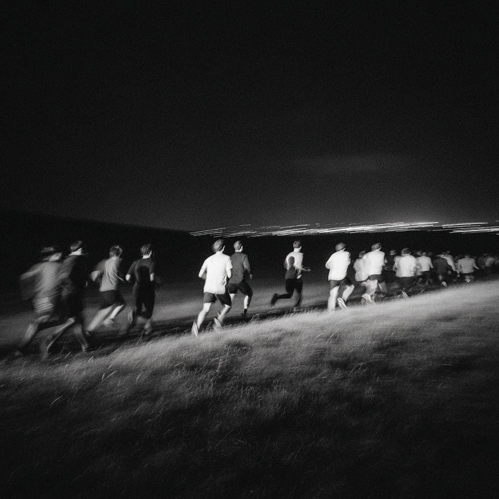 A group of people running at night along a grassy area, with city lights visible in the distance.
